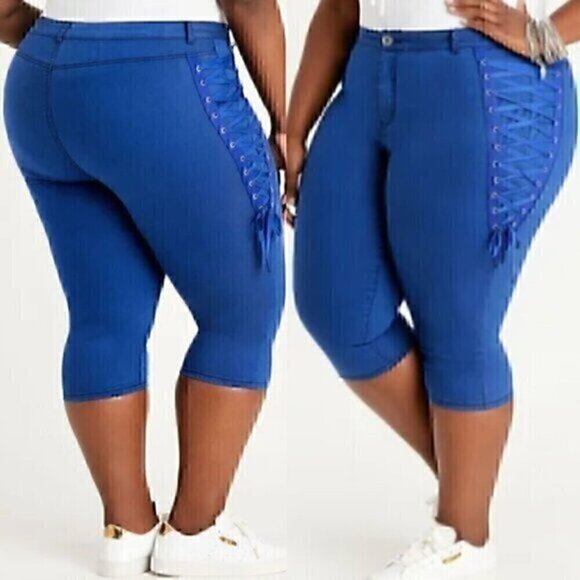ASHLEY STEWART Plus Size Lace Up Side Hi Rise Denim Capris Royal Blue Pants 16 - Picture 1 of 13